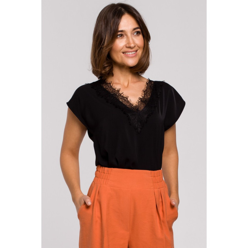 S206 Sleeveless blouse with lace trimmed neckline - black