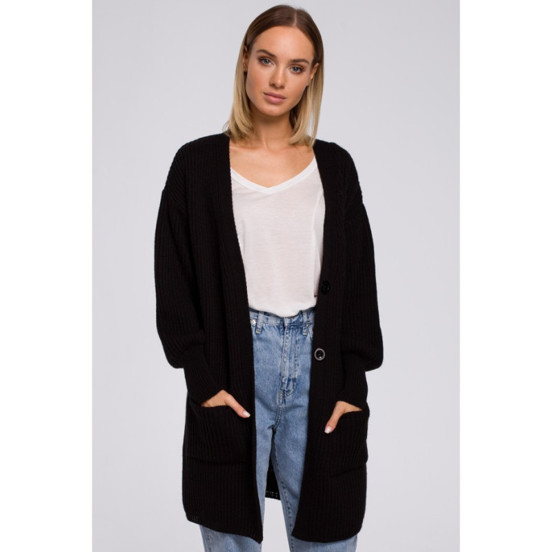 M538 Stripe cardigan with patch pockets - black