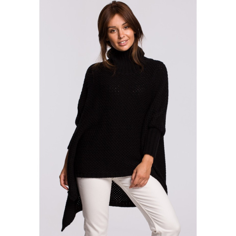 BK049 Poncho sweater with sleeves and turtleneck - black