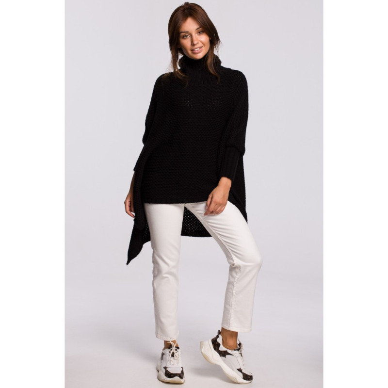 BK049 Poncho sweater with sleeves and turtleneck - black