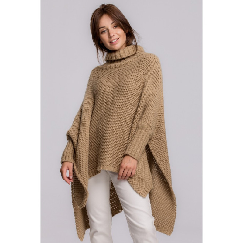 BK049 Poncho sweater with sleeves and turtleneck - camellia