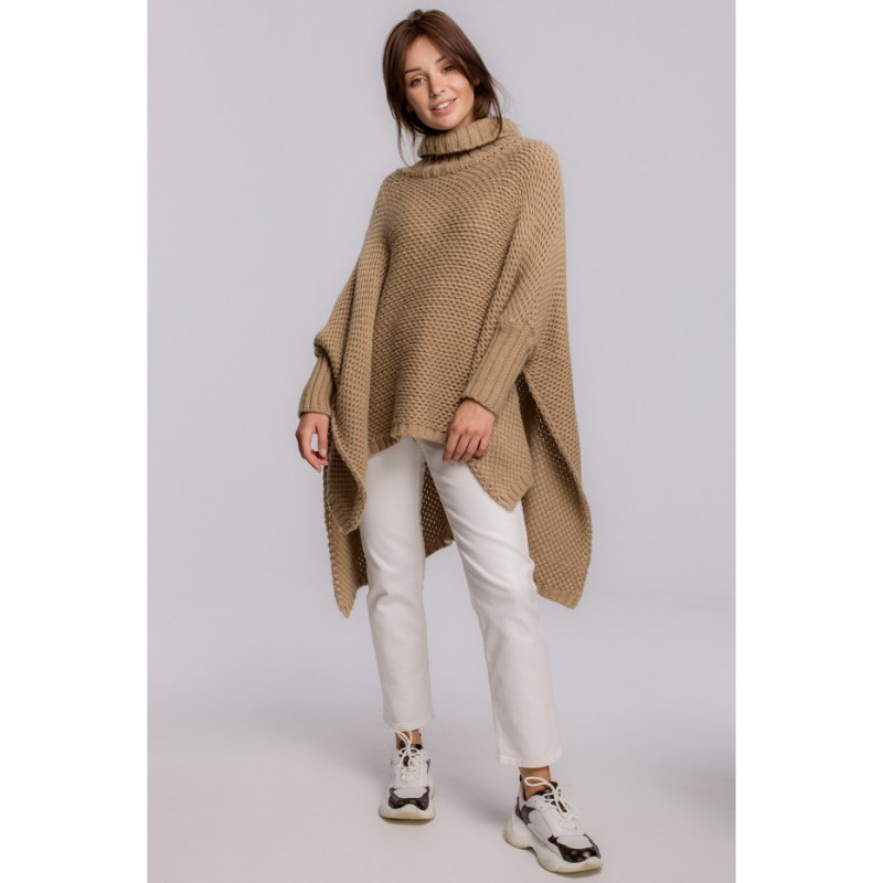 BK049 Poncho sweater with sleeves and turtleneck - camellia