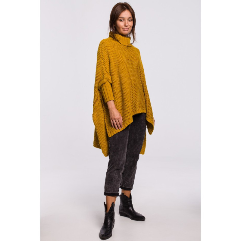 BK049 Poncho sweater with sleeves and turtleneck - honey