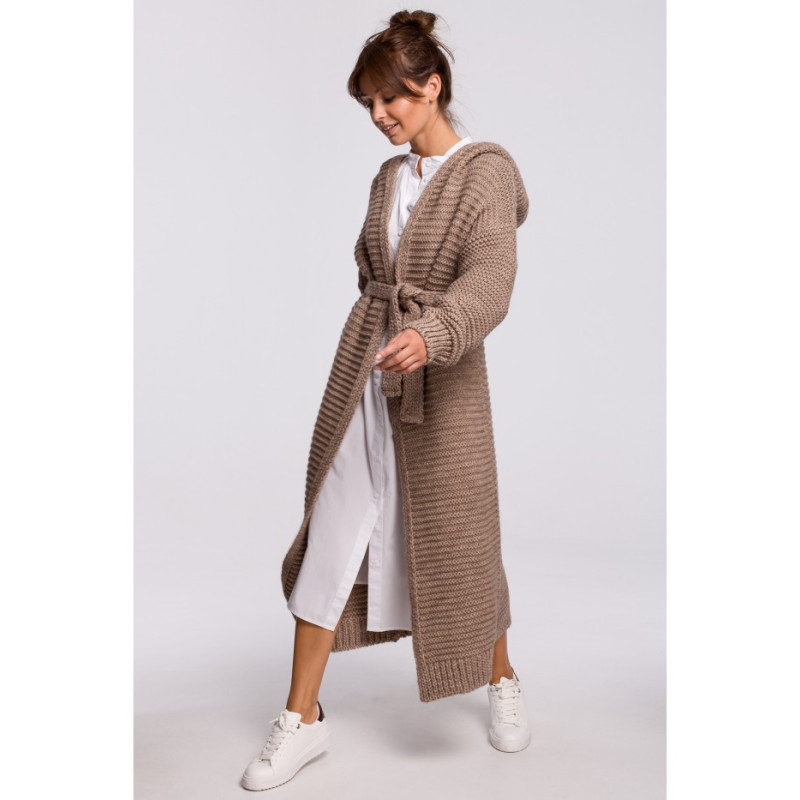 BK054 Long cardigan with hood and belt - cappuccino