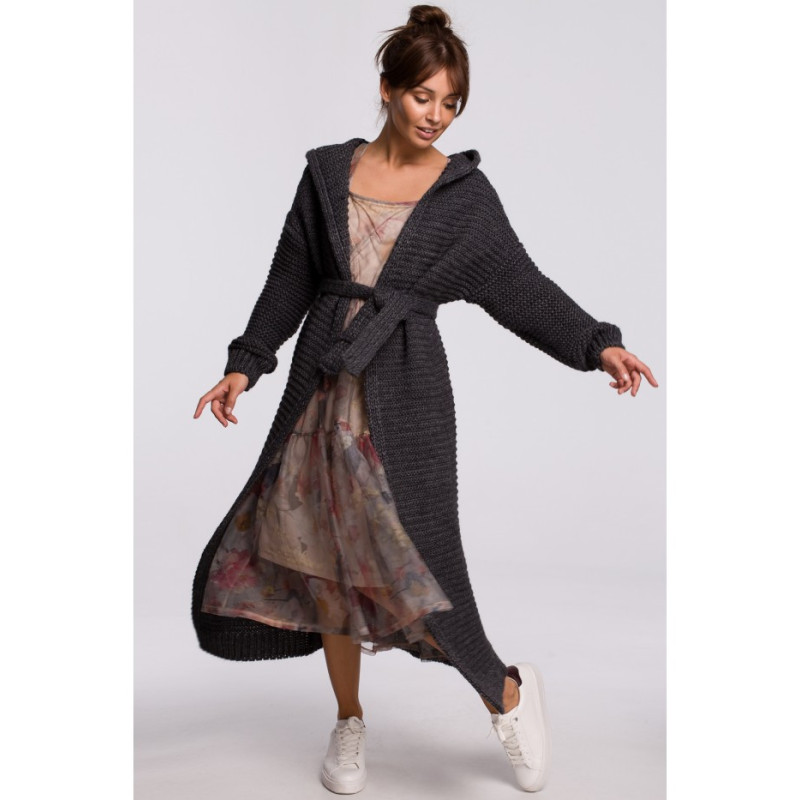 BK054 Long cardigan with hood and belt - graphite