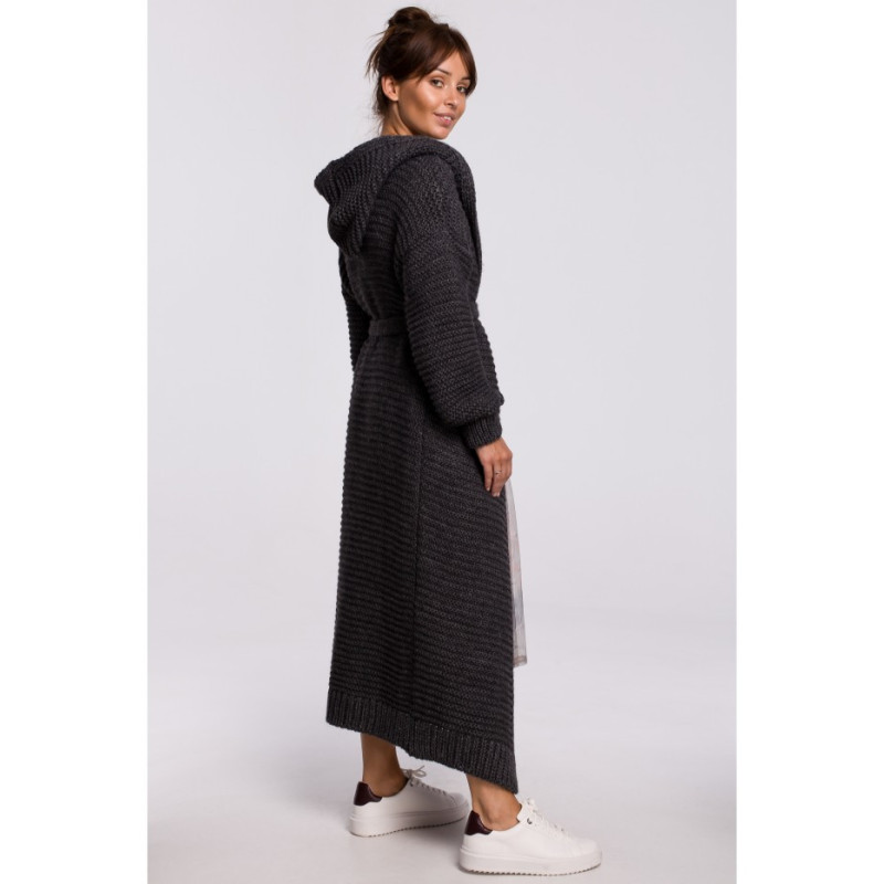 BK054 Long cardigan with hood and belt - graphite