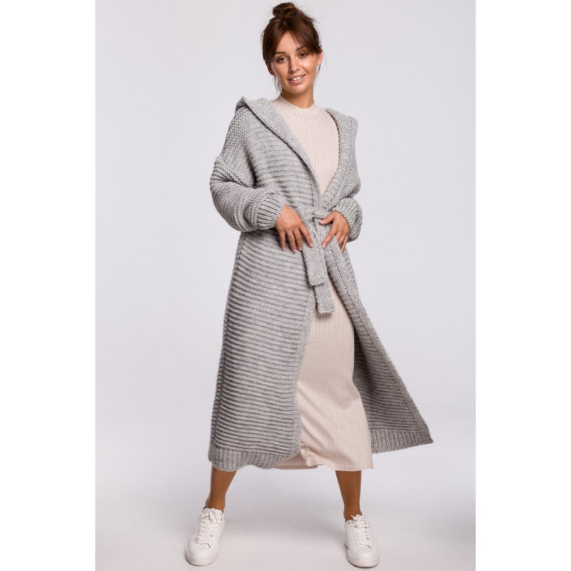 BK054 Long cardigan with hood and belt - gray