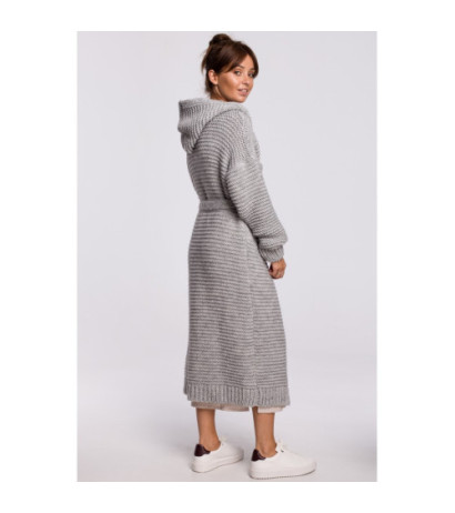 BK054 Long cardigan with hood and belt - gray