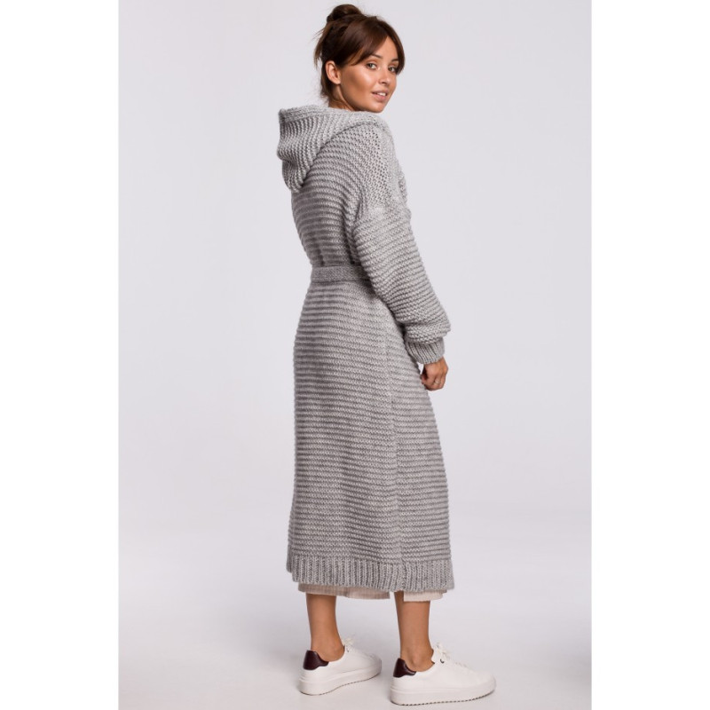 BK054 Long cardigan with hood and belt - gray