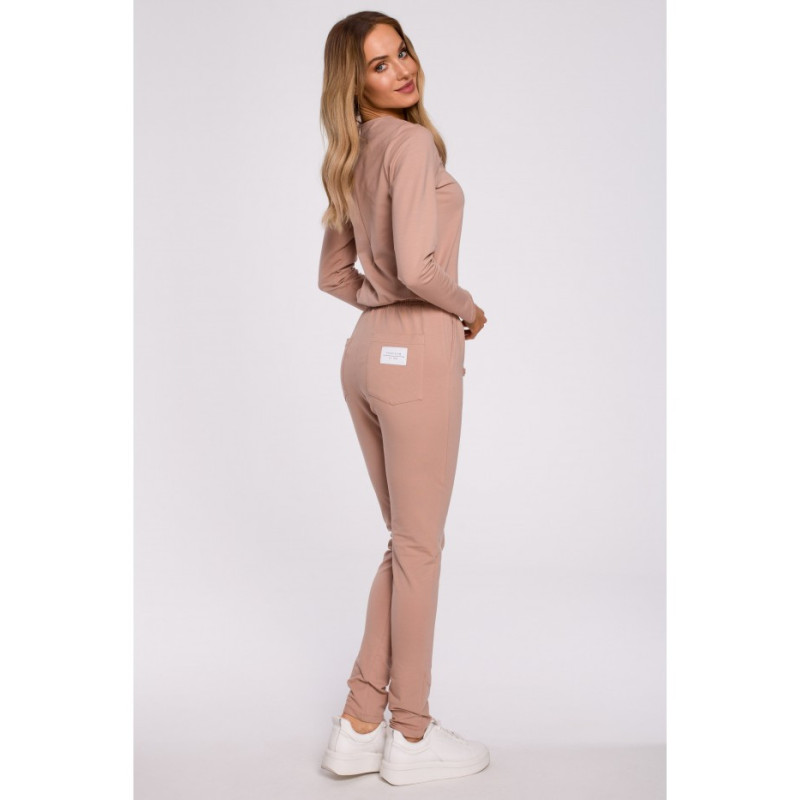 M583 Jumpsuit with Pocket and Decorative Patch - mocha