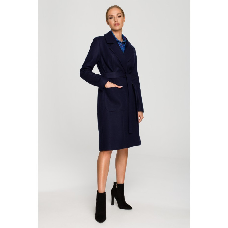 M708 Classic cut coat with belt - navy blue