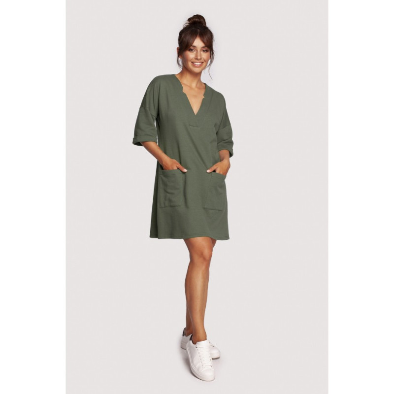 B233 Tunic with deep neckline and pockets - khaki