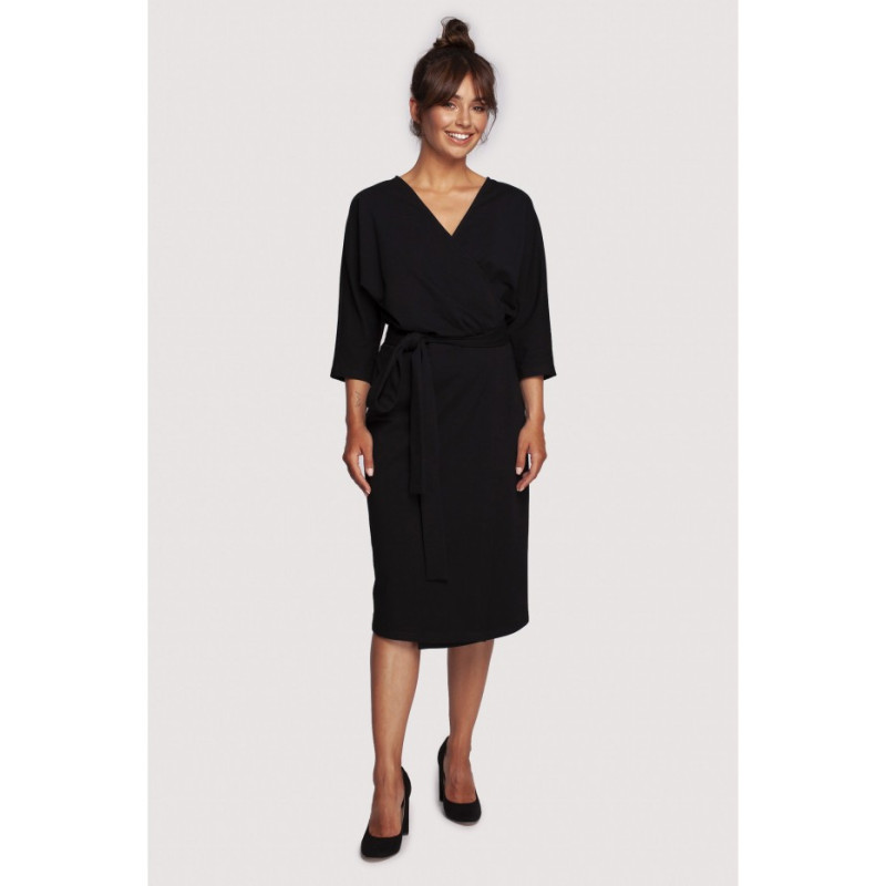 B241 Envelope dress with tied belt - black