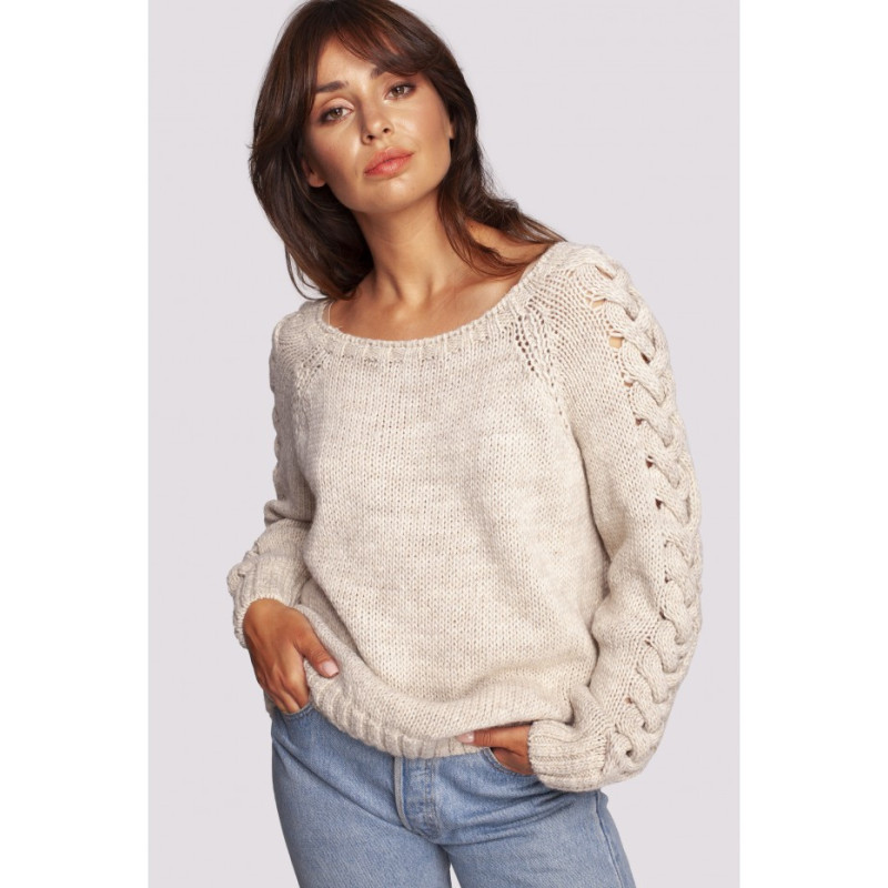 BK090 Sweater with wide neckline and braided sleeves - beige