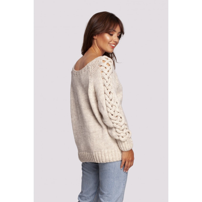 BK090 Sweater with wide neckline and braided sleeves - beige