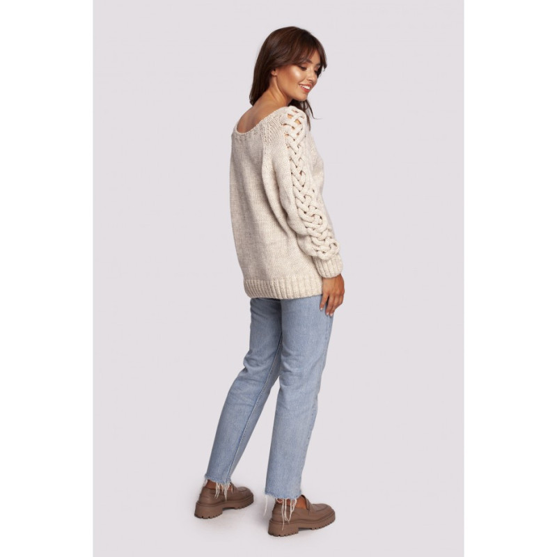 BK090 Sweater with wide neckline and braided sleeves - beige