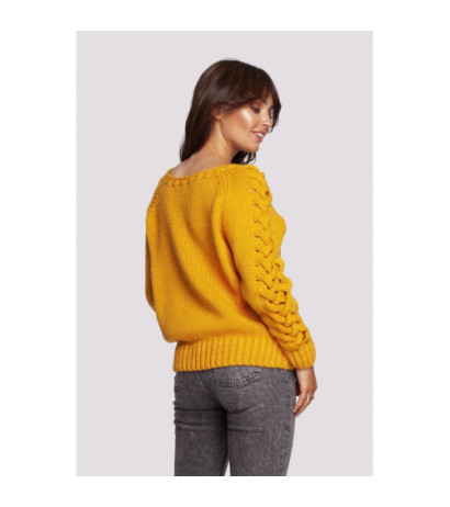 BK090 Sweater with wide neckline and plaid on sleeves - honey