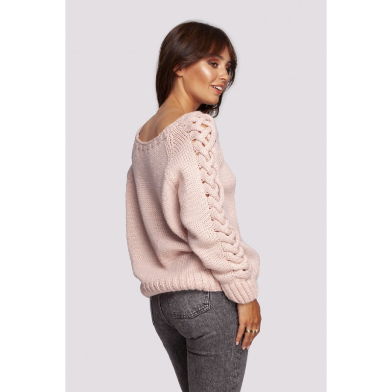 BK090 Sweater with wide neckline and braided sleeves - pink