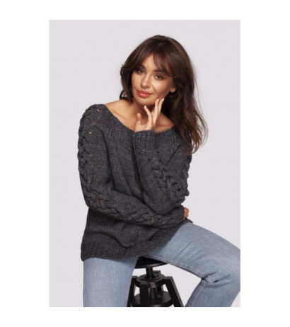 BK090 Sweater with wide neckline and braided sleeves - gray