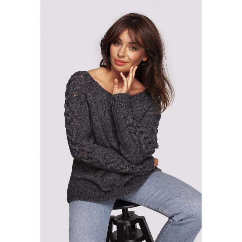 BK090 Sweater with wide neckline and braided sleeves - gray