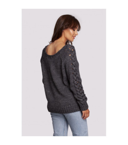 BK090 Sweater with wide neckline and braided sleeves - gray