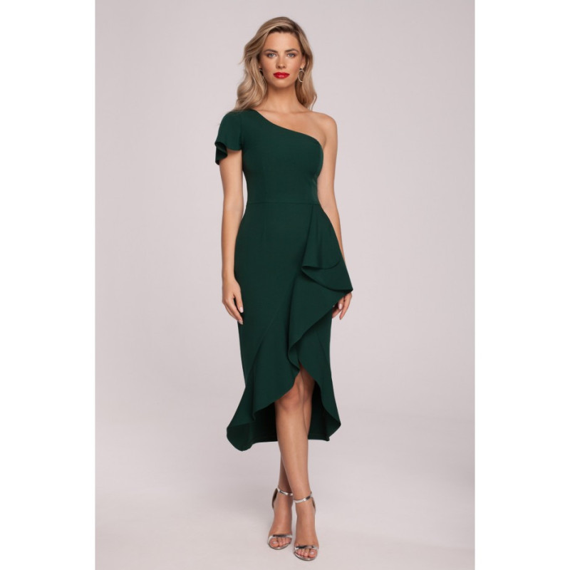 K146 One shoulder dress with ruffle - bottle green