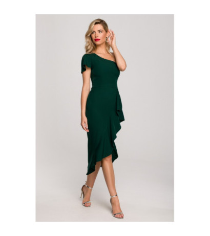 K146 One shoulder dress with ruffle - bottle green