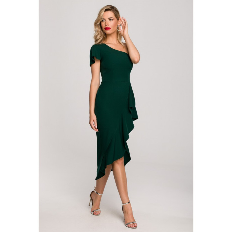 K146 One shoulder dress with ruffle - bottle green