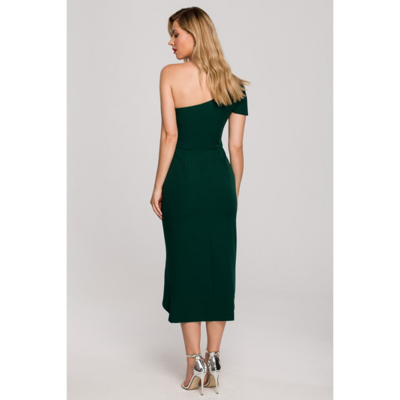 K146 One shoulder dress with ruffle - bottle green