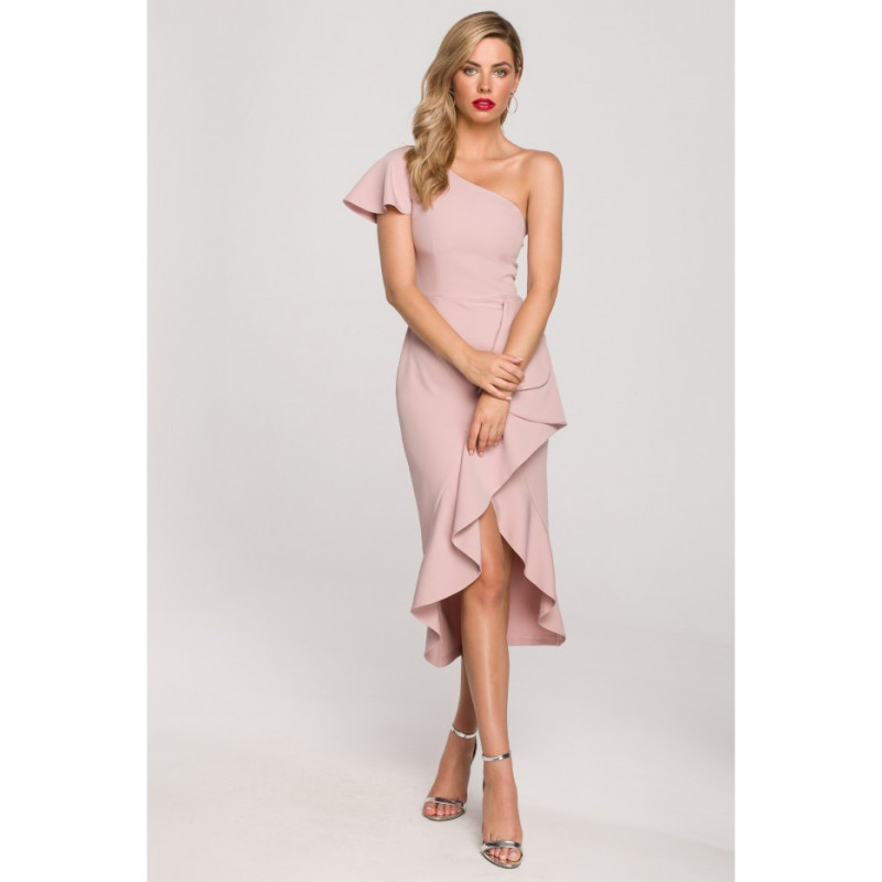 K146 One shoulder dress with ruffle - dirty pink