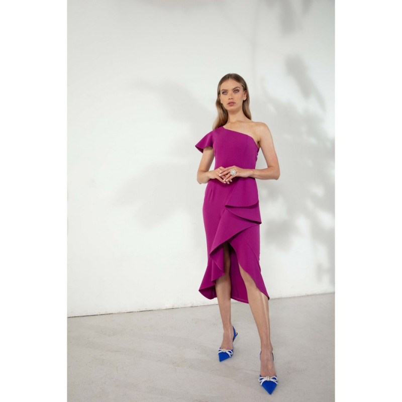 K146 One shoulder dress with ruffle - ruby