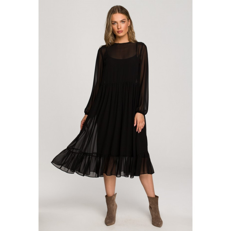 S319 Chiffon dress with ruffle - black