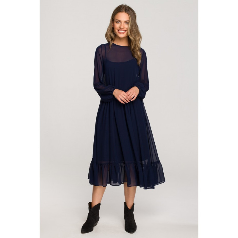 S319 Chiffon dress with ruffle - navy blue