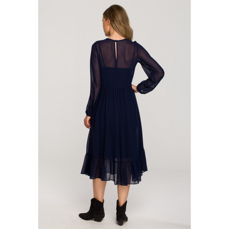 S319 Chiffon dress with ruffle - navy blue