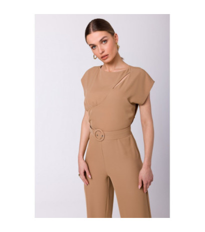 S339 Jumpsuit with slit in neckline - beige