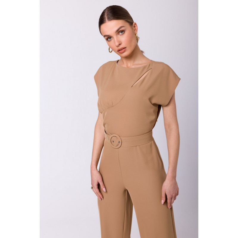 S339 Jumpsuit with slit in neckline - beige