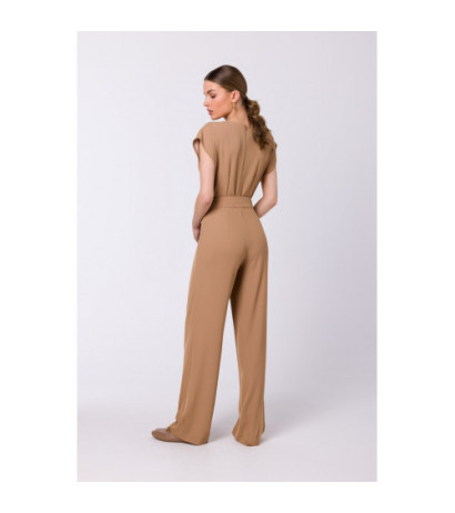 S339 Jumpsuit with slit in neckline - beige