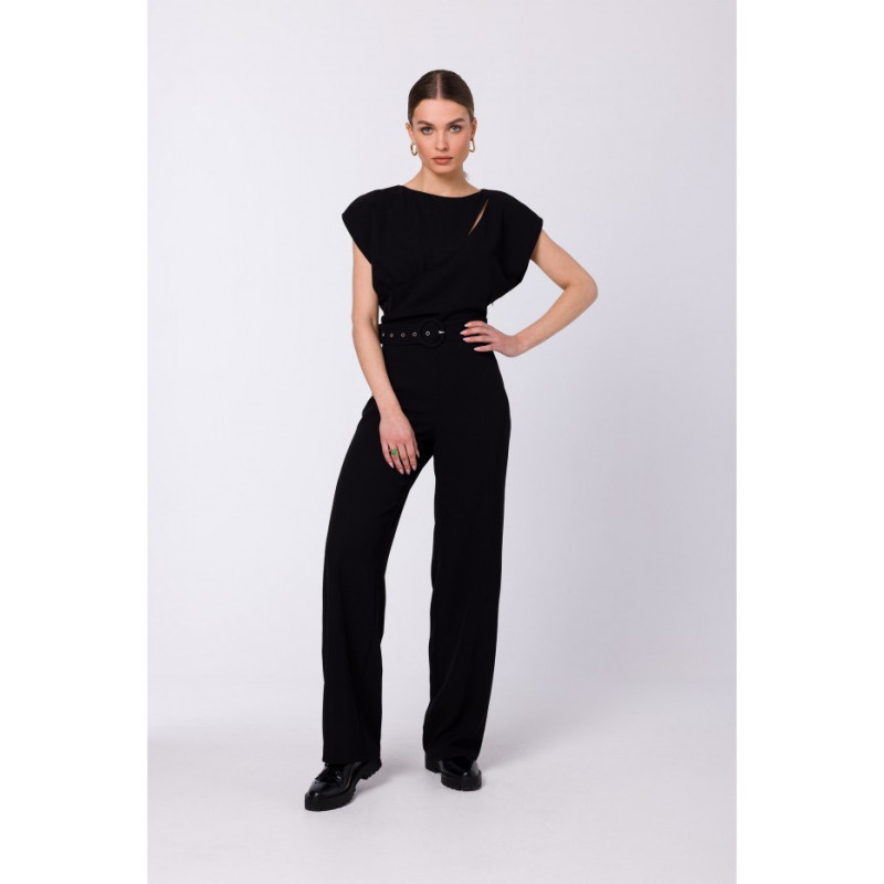 S339 Jumpsuit with slit in the neckline - black