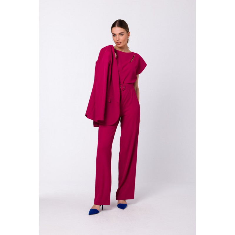 S339 Jumpsuit with slit in the neckline - plum