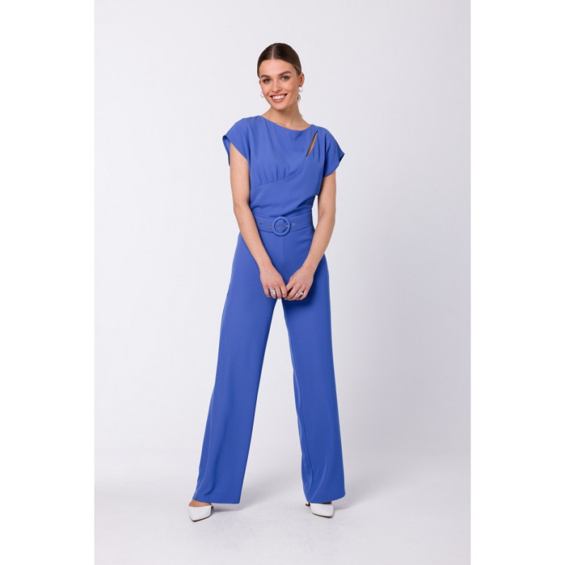 S339 Jumpsuit with slit in the neckline - blue