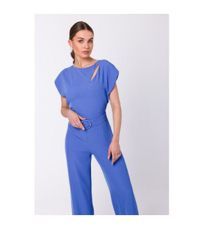 S339 Jumpsuit with slit in the neckline - blue