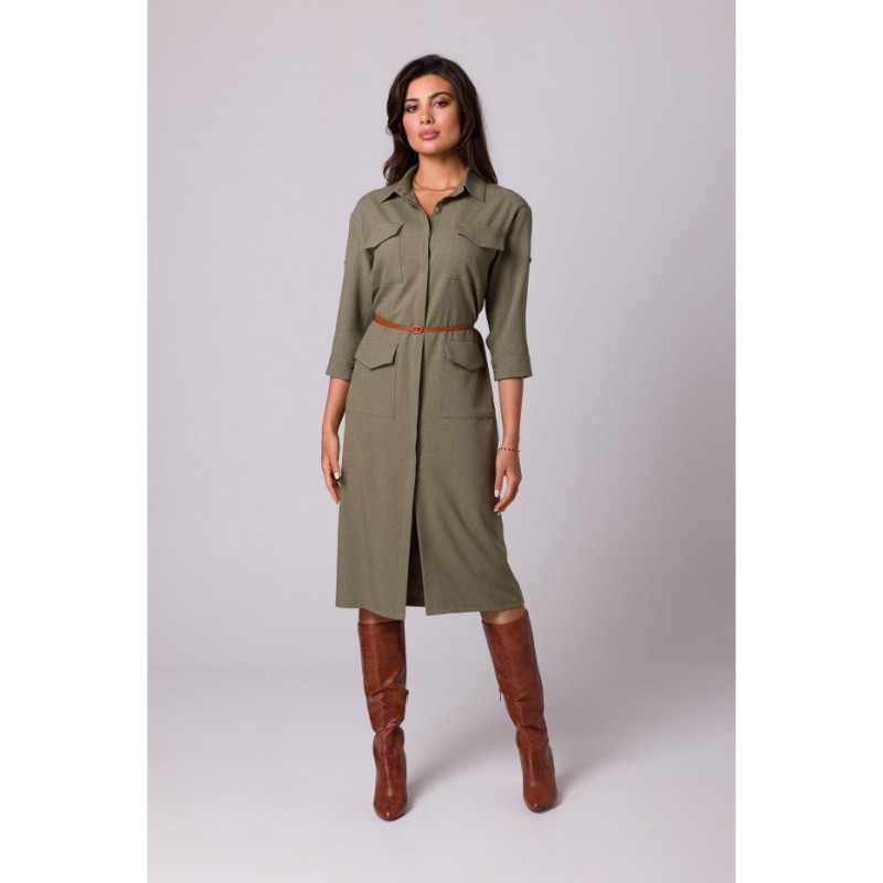 B258 Emery dress with pockets and belt - olive green