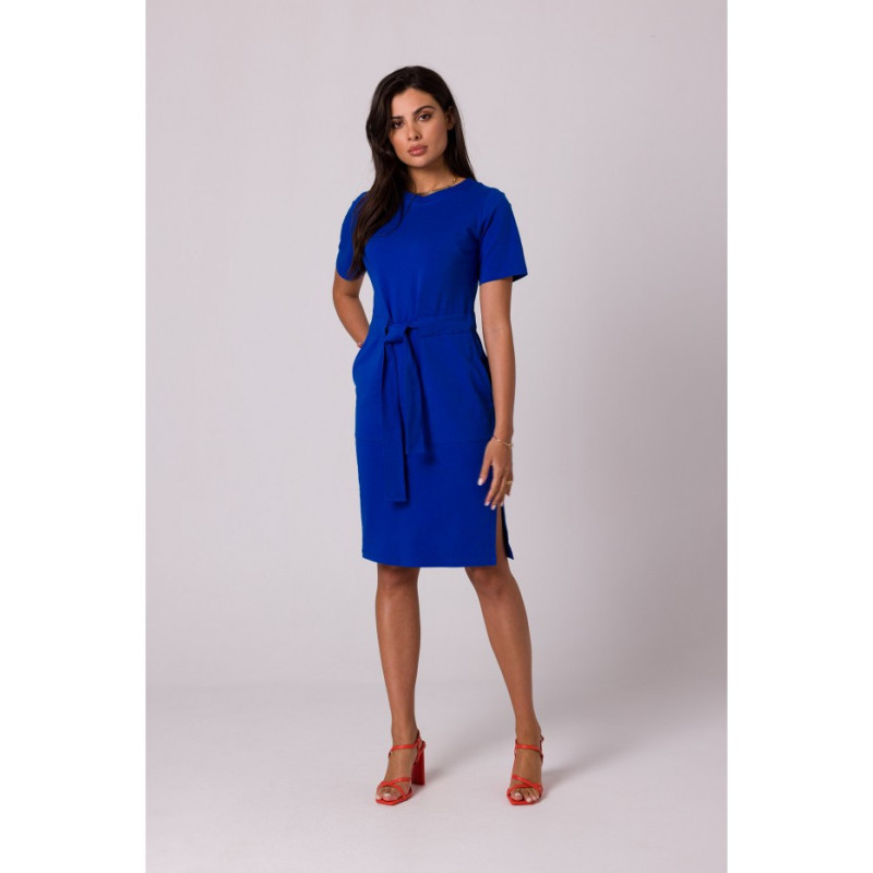 B263 Cotton dress with patch pockets - cornflower