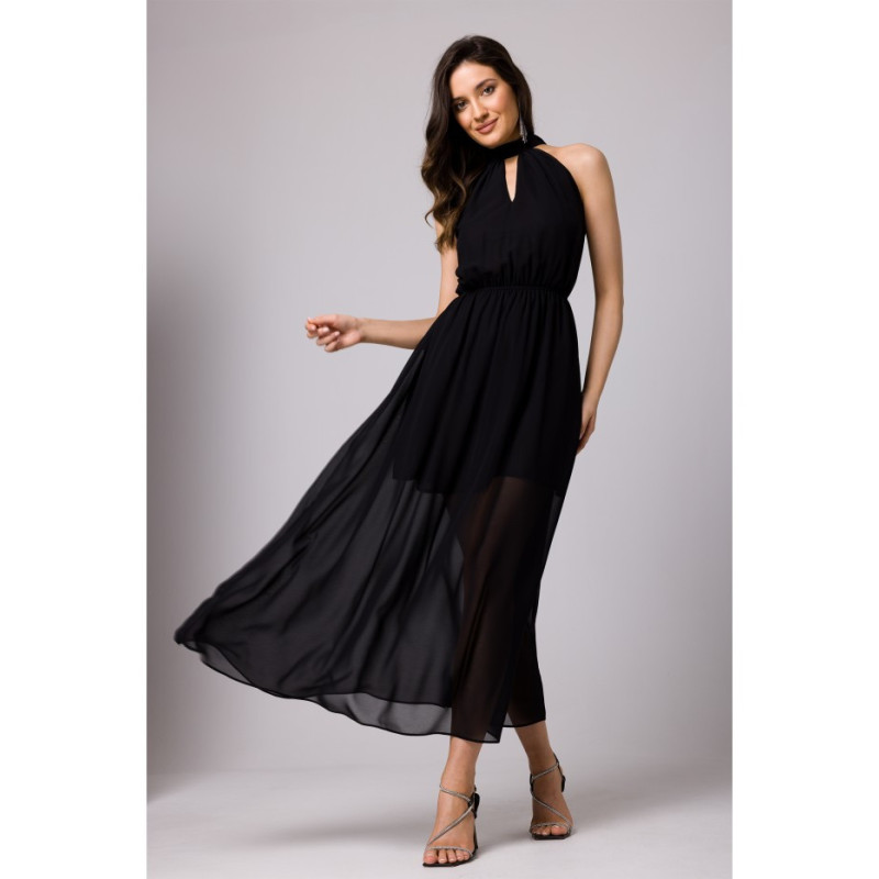 K169 Chiffon maxi dress tied around the neck - black