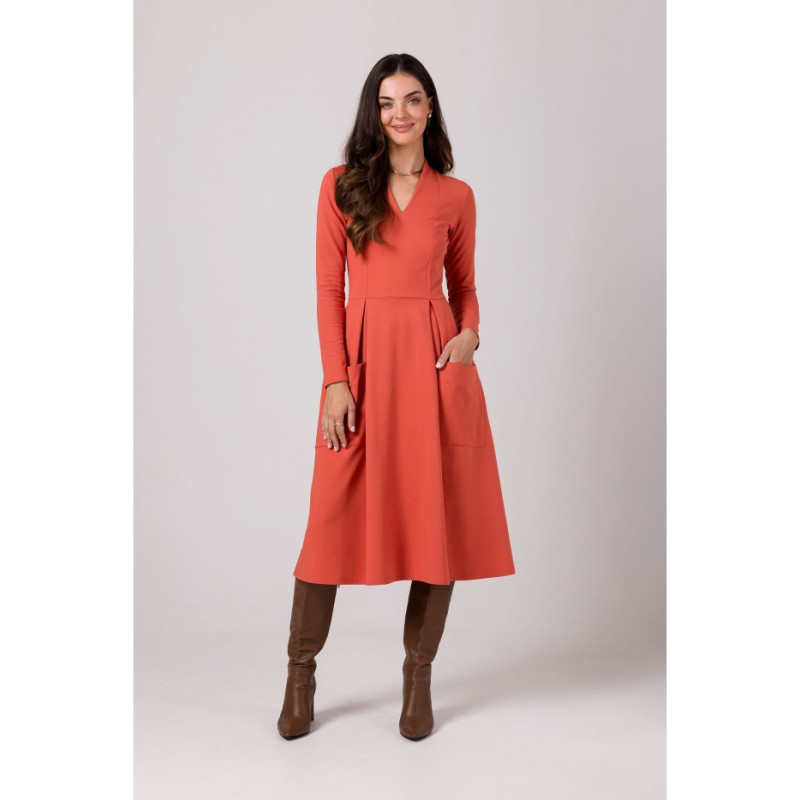 B266 Slinky dress with patch pockets - brick-red