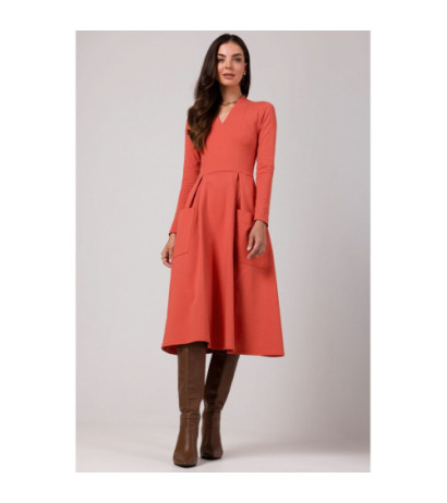 B266 Slinky dress with patch pockets - brick-red