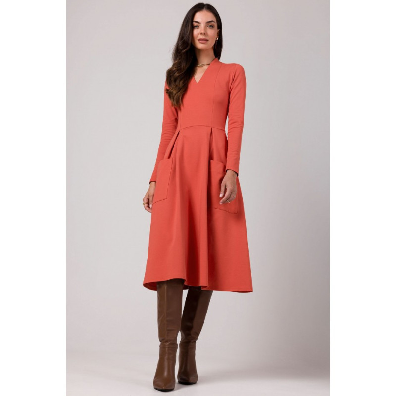 B266 Slinky dress with patch pockets - brick-red