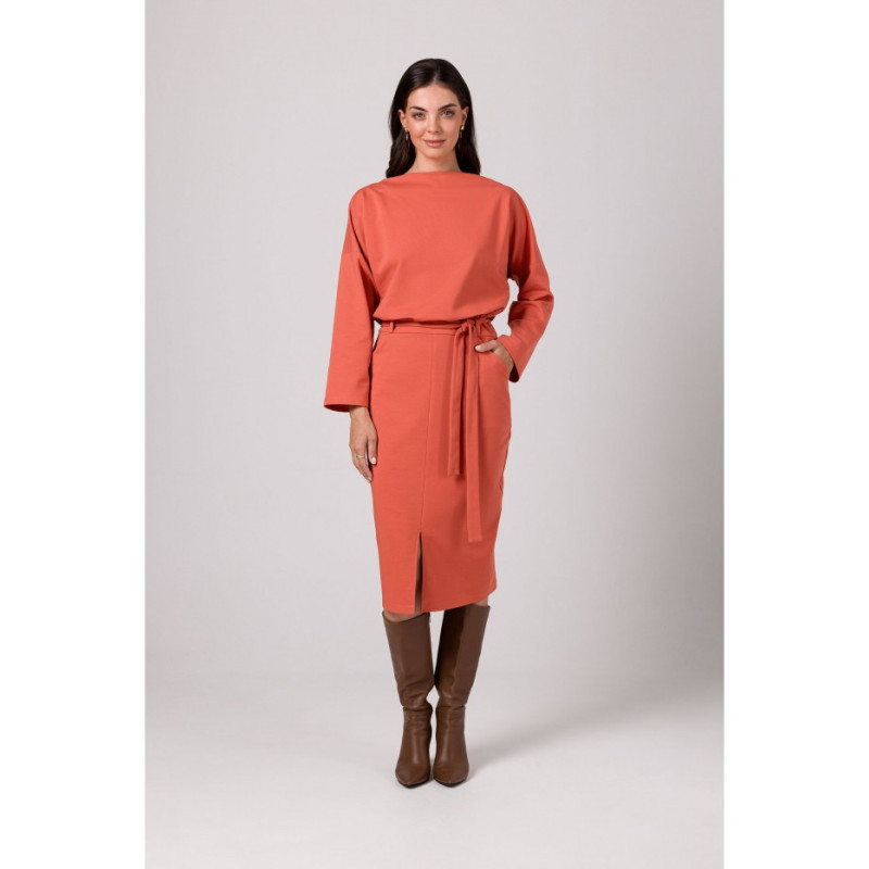 B269 Midi pencil dress with belt - brick-red