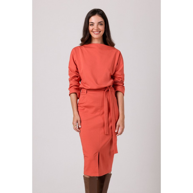 B269 Midi pencil dress with belt - brick-red