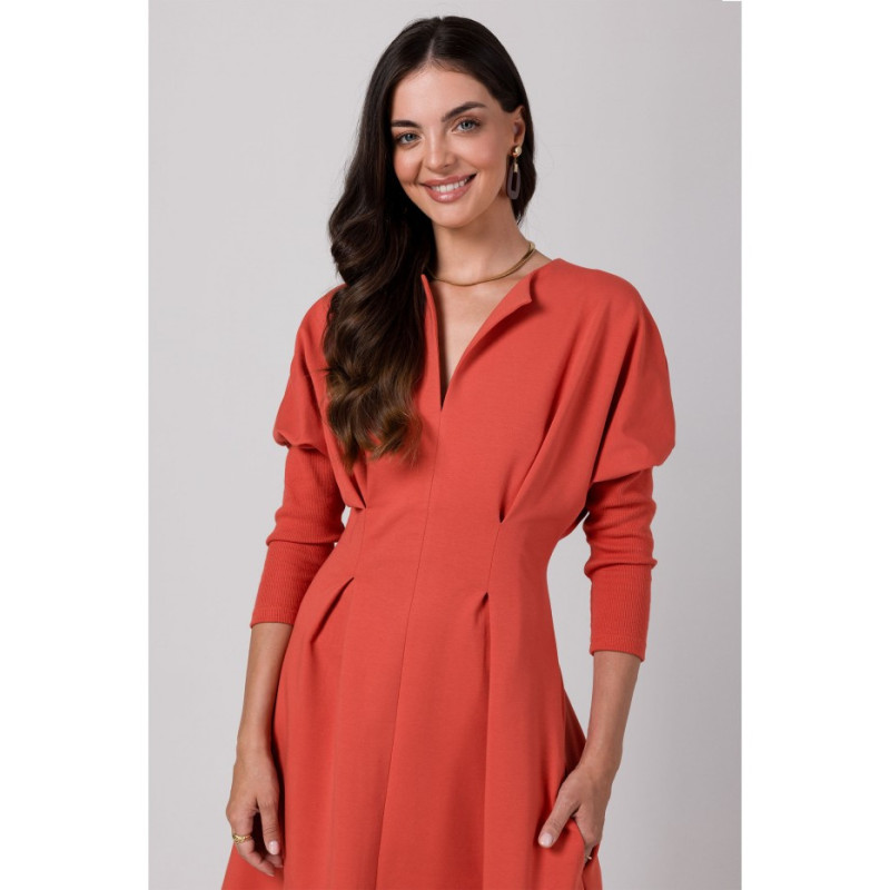 B273 Dress with heavily marked waist - brick-red